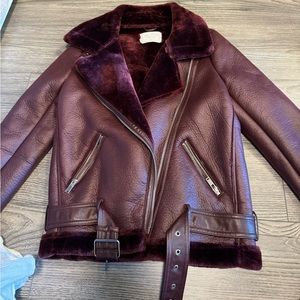 Zara Women’s Red Fluffy Leather Coat; never worn!